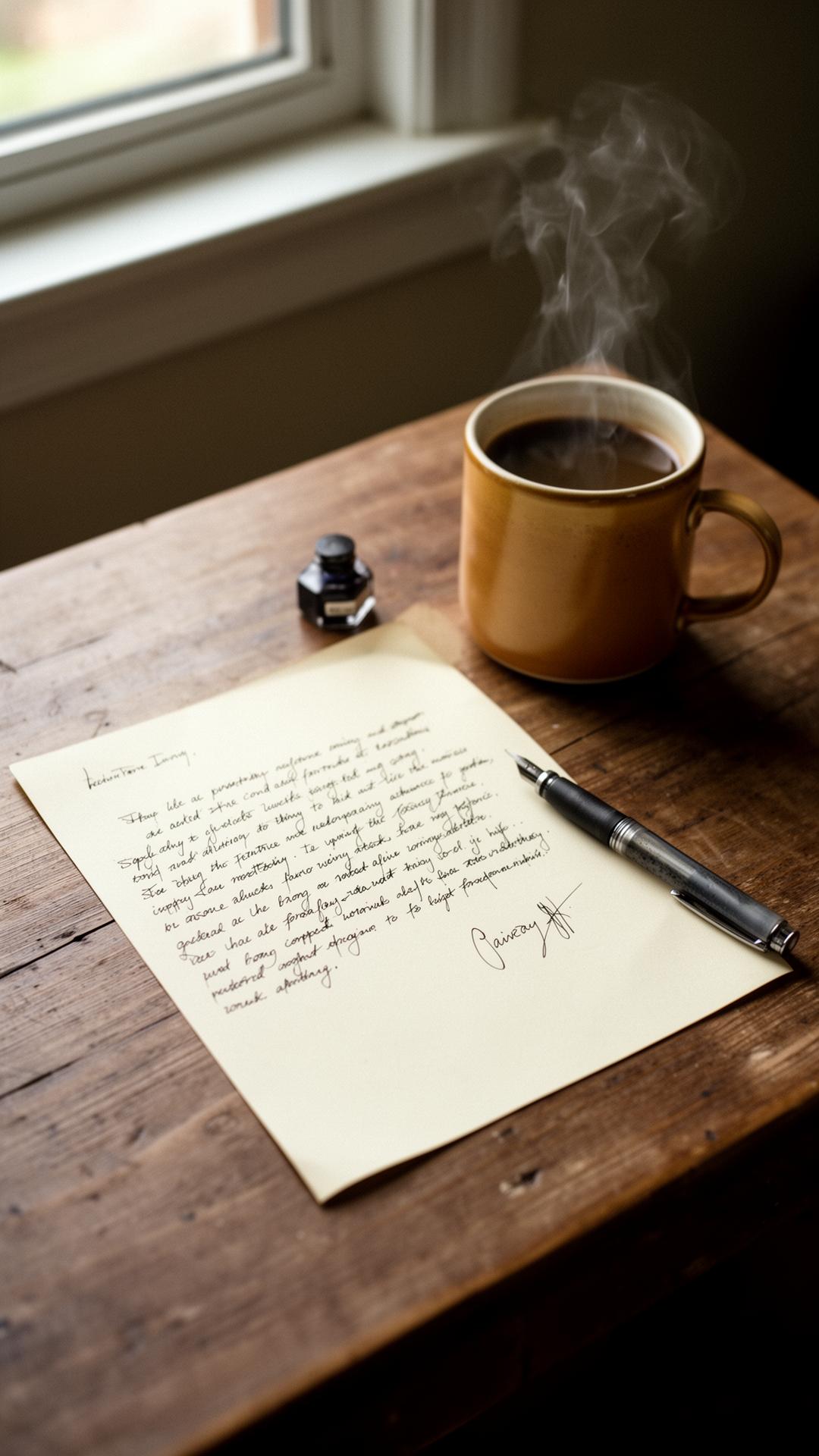 A handwritten letter on a wooden table beside a steaming coffee mug
