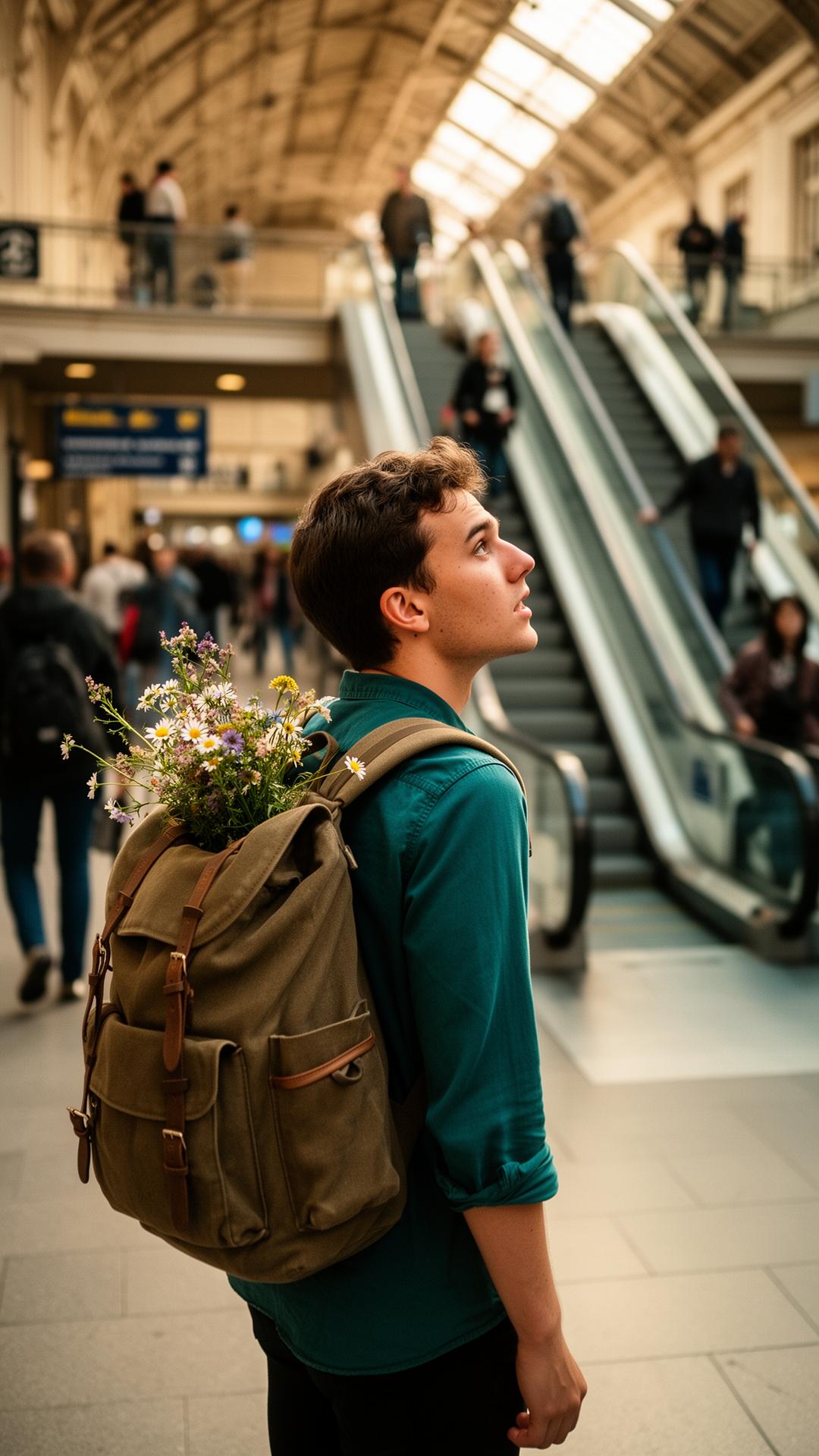 A young man waiting at a train station with wildflowers tucked into his backpack, watching the escalator
